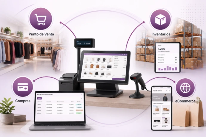 Odoo ERP integrado en computadora, tableta y teléfono